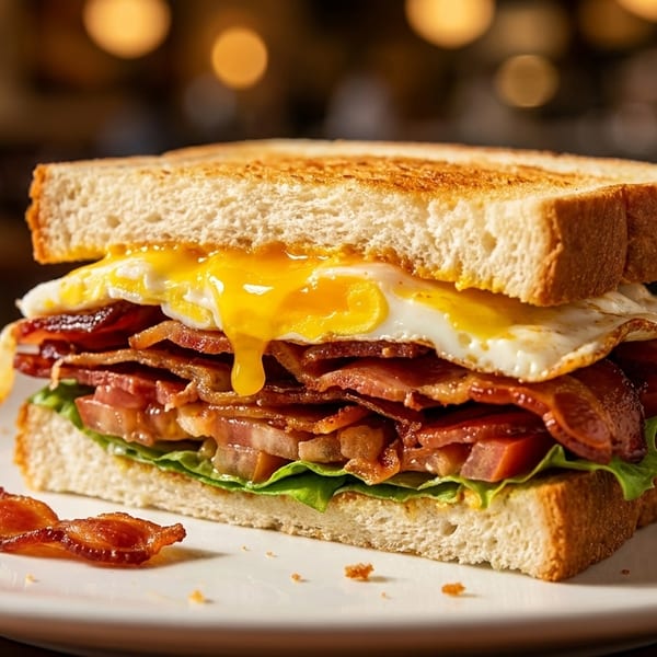 Toasted sandwich with bacon, lettuce, tomato, and a fried egg with runny yolk on a white plate.