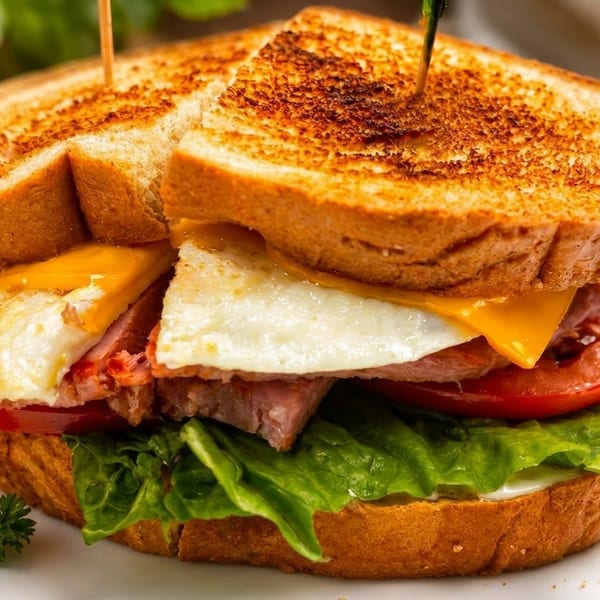Toasted sandwich with lettuce, tomato, ham, cheese, and a fried egg on a white plate.