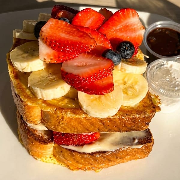 Golden French toast stack topped with fresh strawberries, bananas, and blueberries, served with sauces.