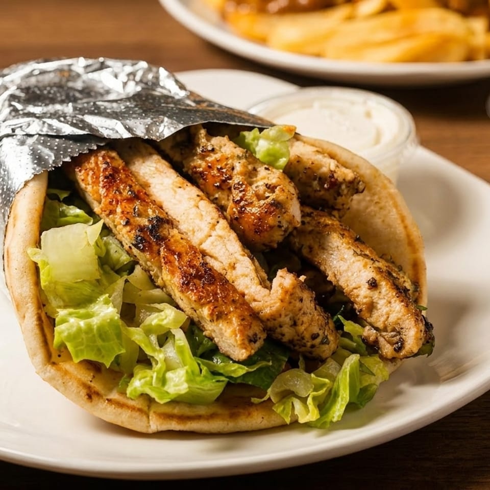 Grilled chicken pita with fresh lettuce, partially wrapped in foil, served with dipping sauces.