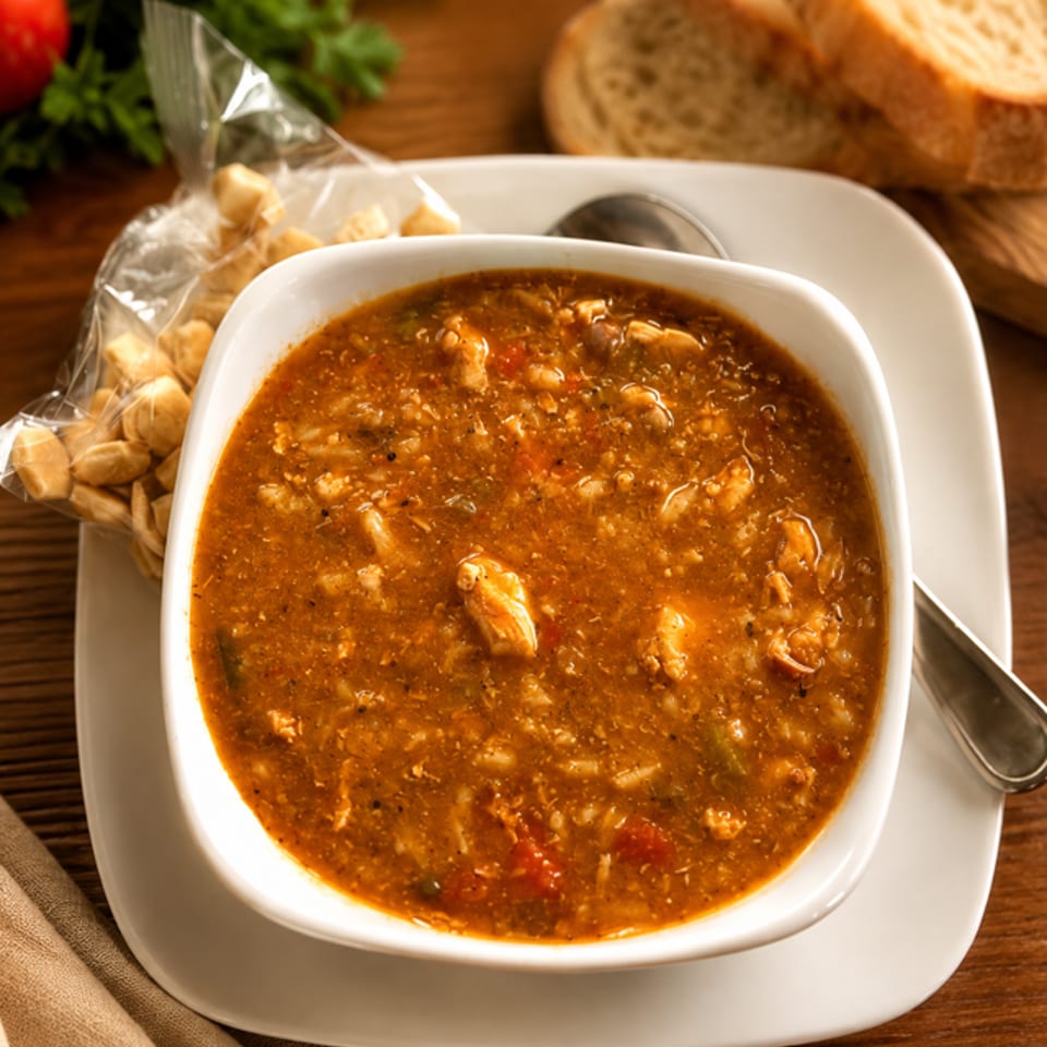 Bowl of hearty brown soup with shredded meat, served with bread, crackers, parsley, and a spoon on a wooden table.