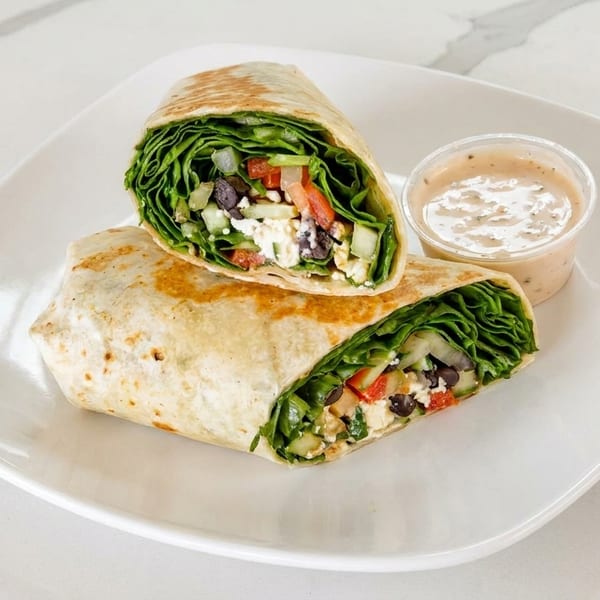 Two halves of a vibrant wrap filled with fresh vegetables and feta, served with a side of dressing.