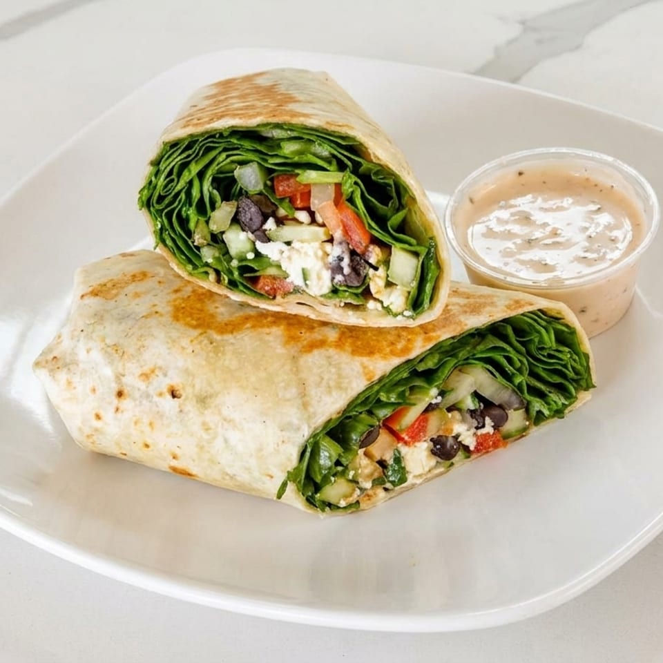 Wrap cut in half, filled with lettuce, black beans, feta, tomatoes, and cucumbers, served with a side sauce.