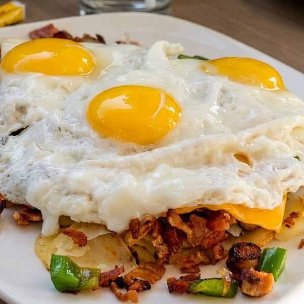 Three fried eggs over potatoes, bacon, ham, green peppers, and cheese on a white plate.