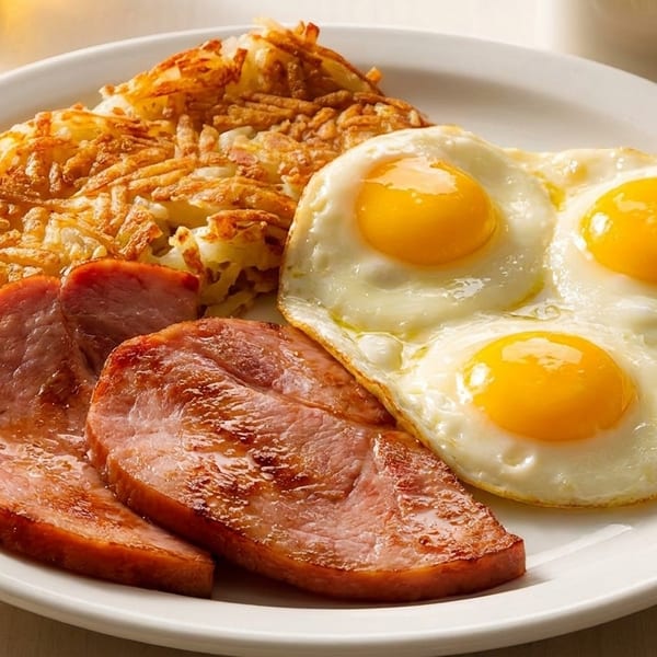 Breakfast plate with crispy hash browns, two slices of ham, and three sunny-side-up eggs.