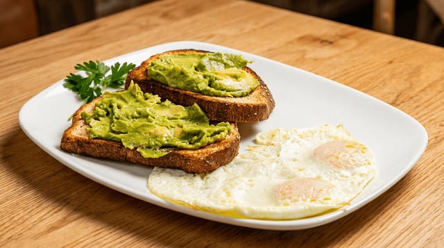 Avocado Toast and 2 Eggs on Side.